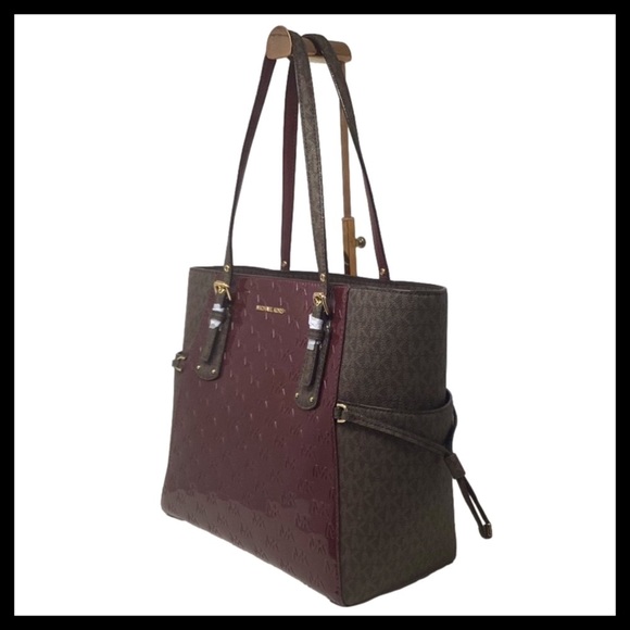 MICHAEL KORS Voyager East/West Tote Merlot With Brown MK Logo - Picture 5 of 16